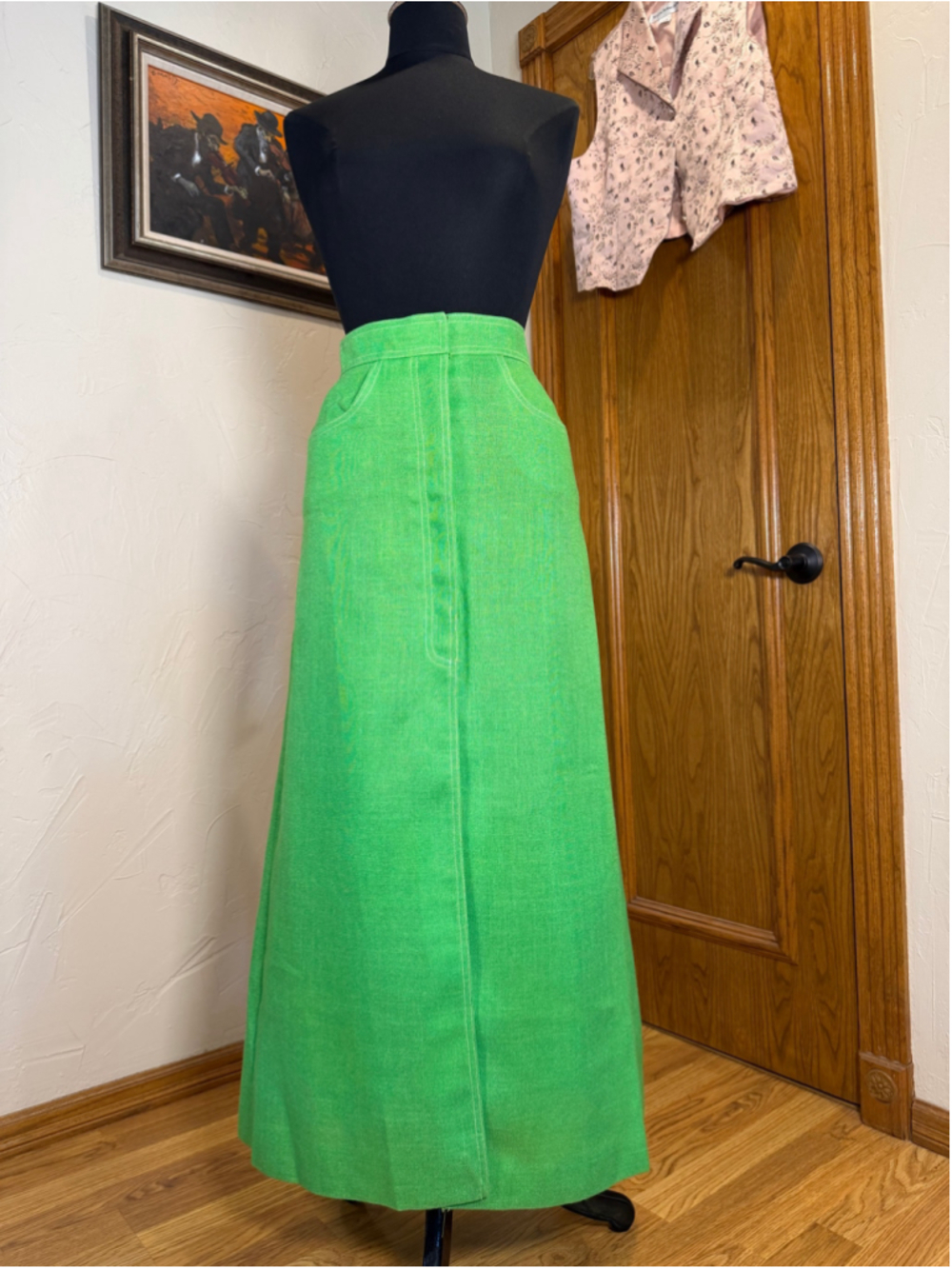 Vintage 1970s Ellen Tracy Kelly Green Maxi Column Skirt XS/S - Picture 2 of 16